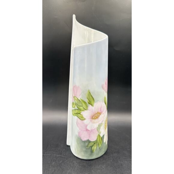 Vintage Japanese Sakura Modern Wave Porcelain Vase Floral Design Mid Cent 10" - Picture 2 of 9